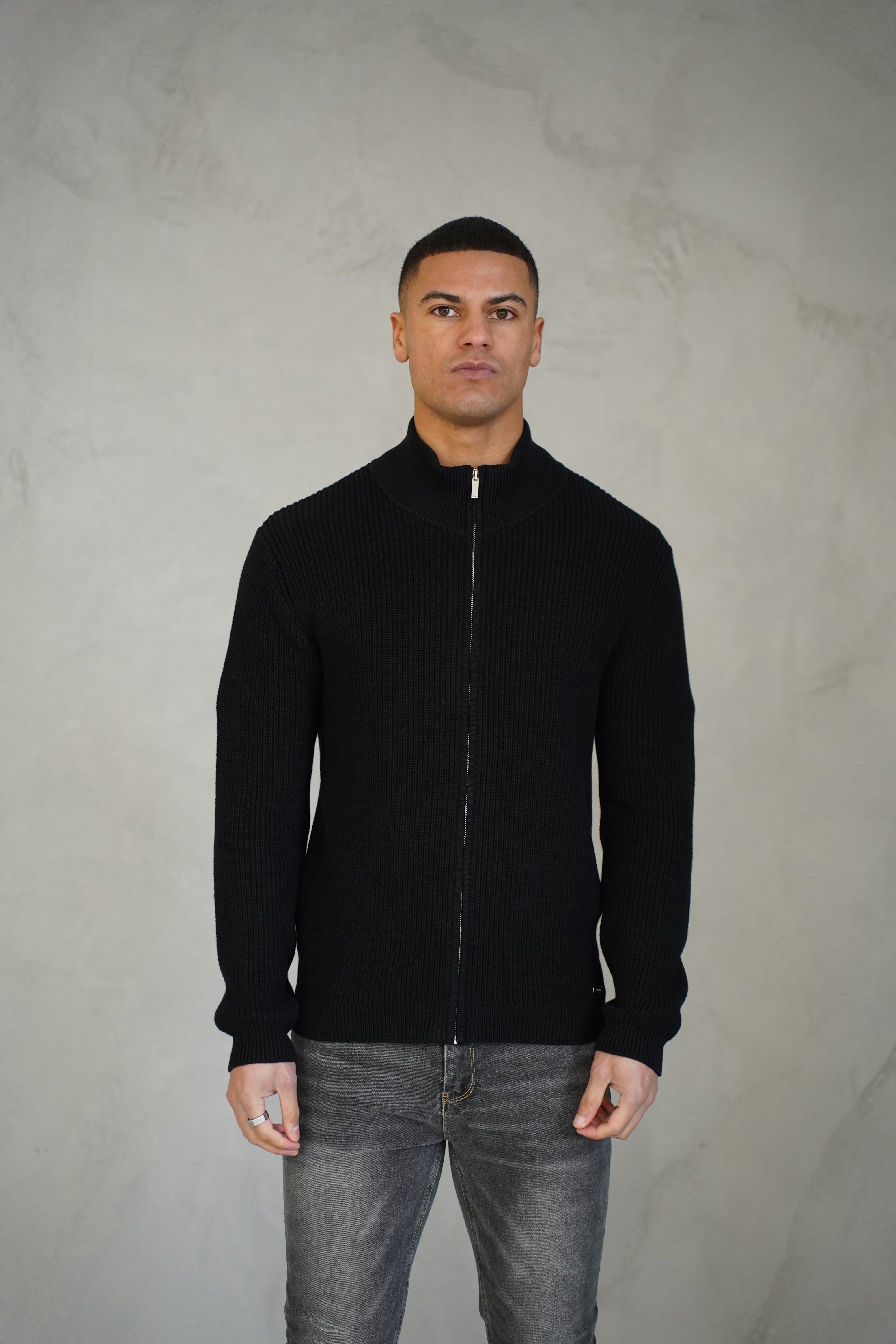 Capo Ribbed Full Zip Jumper - Black