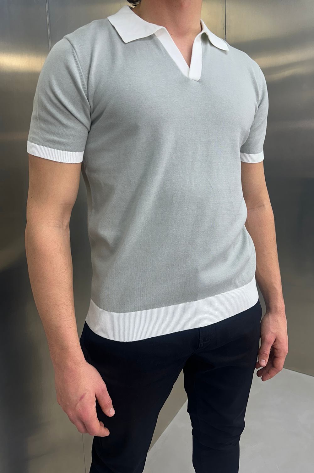 White polo online gray pants