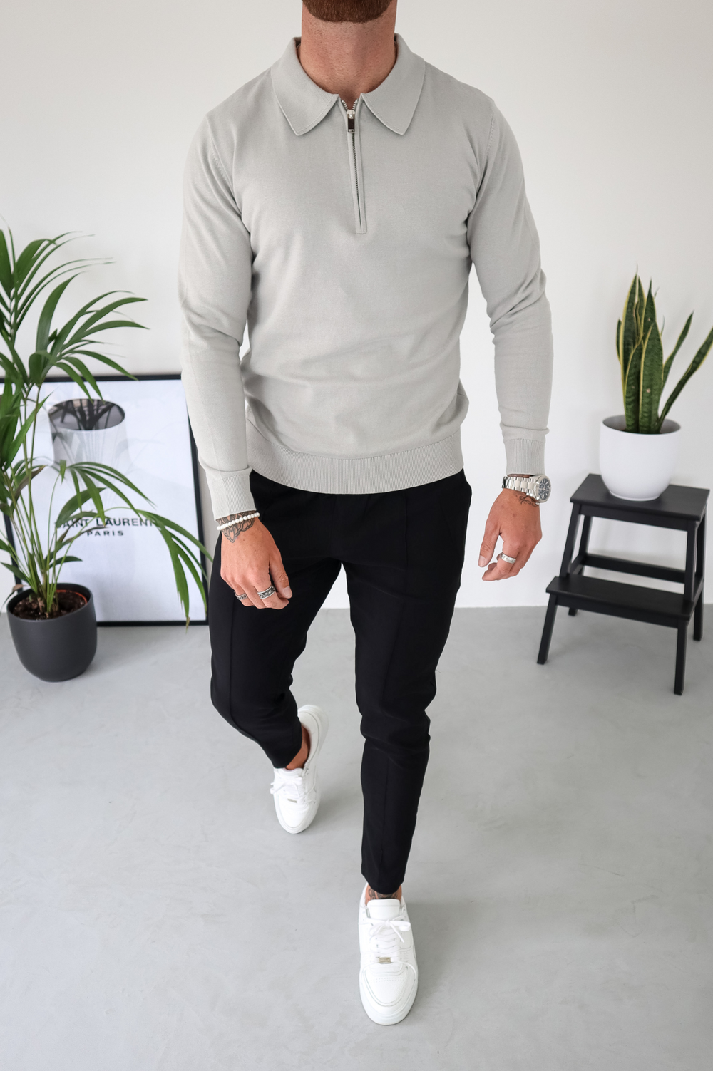 Grey pants white polo 2025