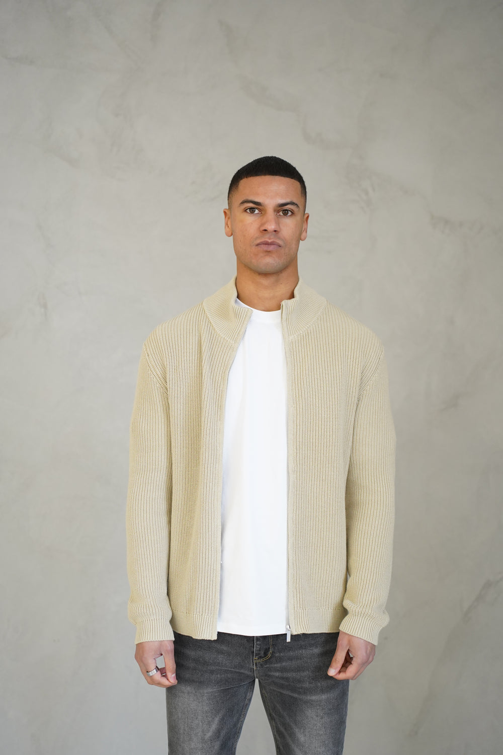 Capo Ribbed Full Zip Jumper - Stone