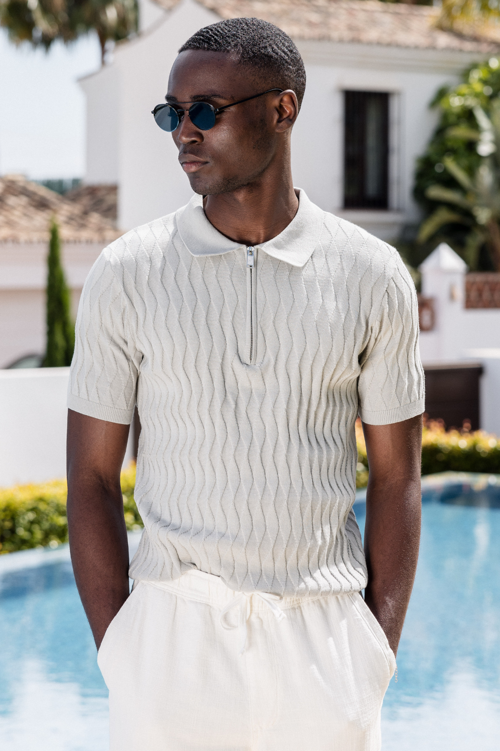 Capo Egyptian Cotton DIAMOND SS Zip Polo Shirt - Stone
