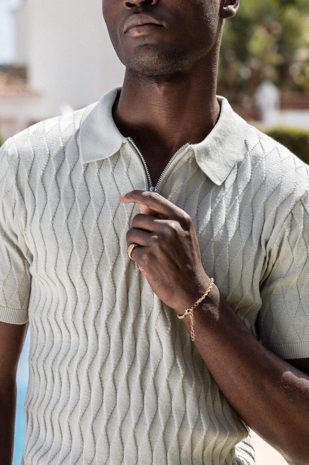 Capo Egyptian Cotton DIAMOND SS Zip Polo Shirt - Stone