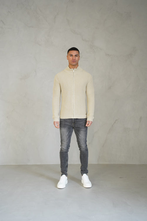 Capo Ribbed Full Zip Jumper - Stone