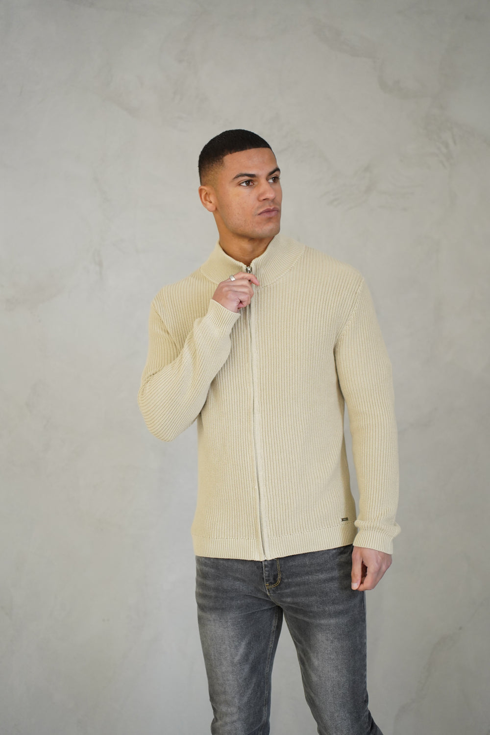 Capo Ribbed Full Zip Jumper - Stone