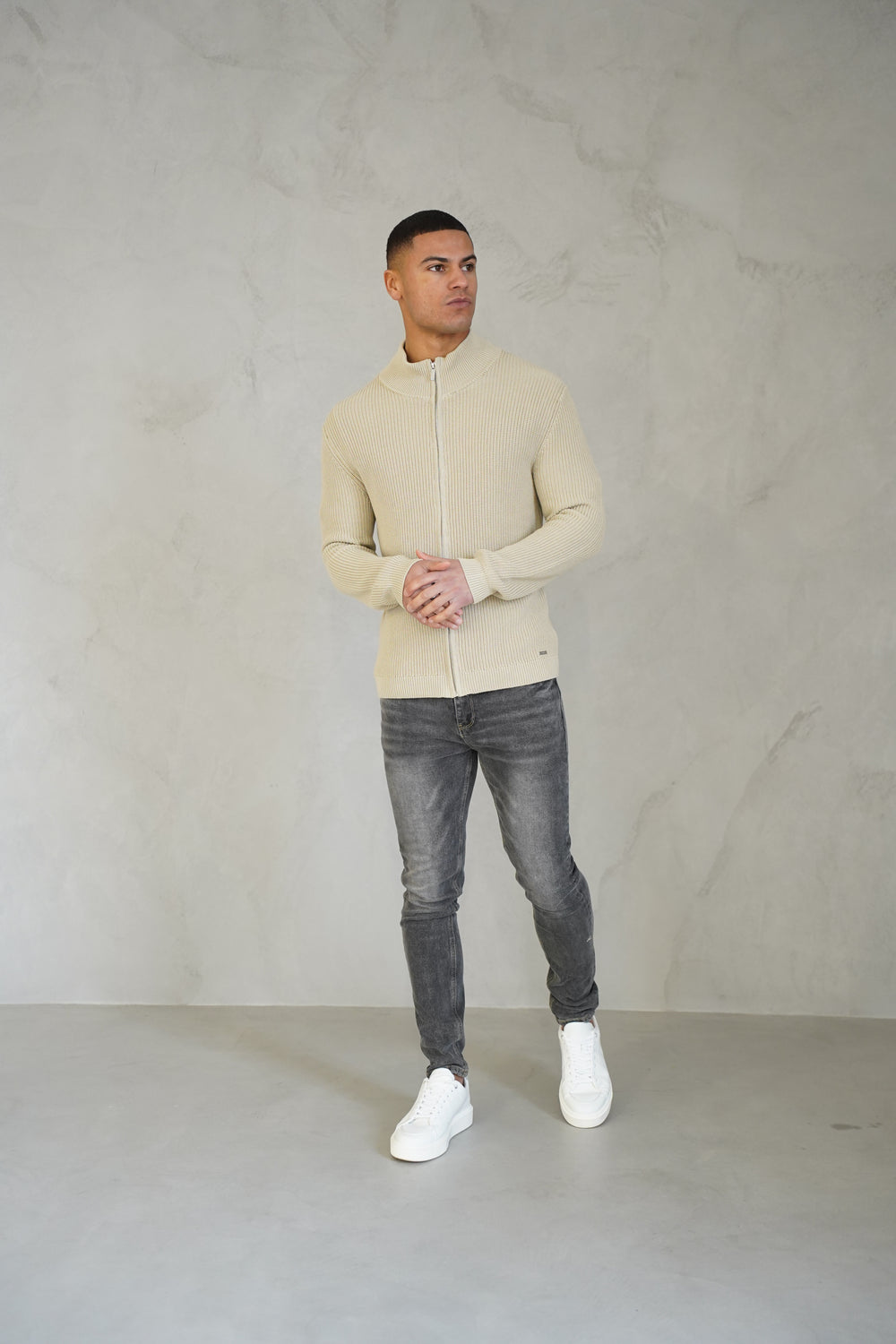 Capo Ribbed Full Zip Jumper - Stone