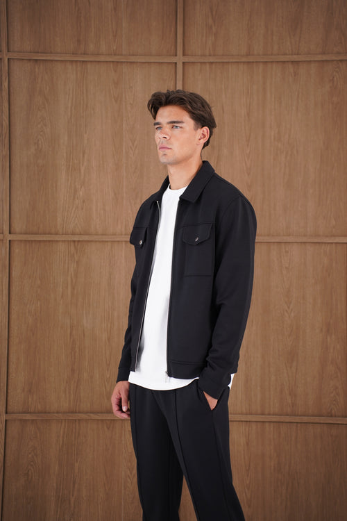 Capo Nick Zip Up Interlock Overshirt - Black