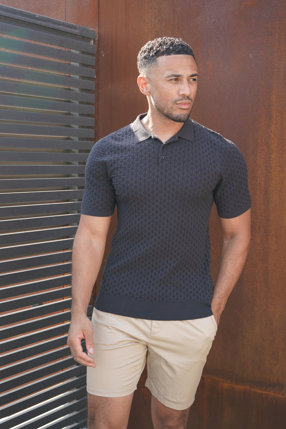 Capo Hexagonal Button Up Polo Shirt - Black
