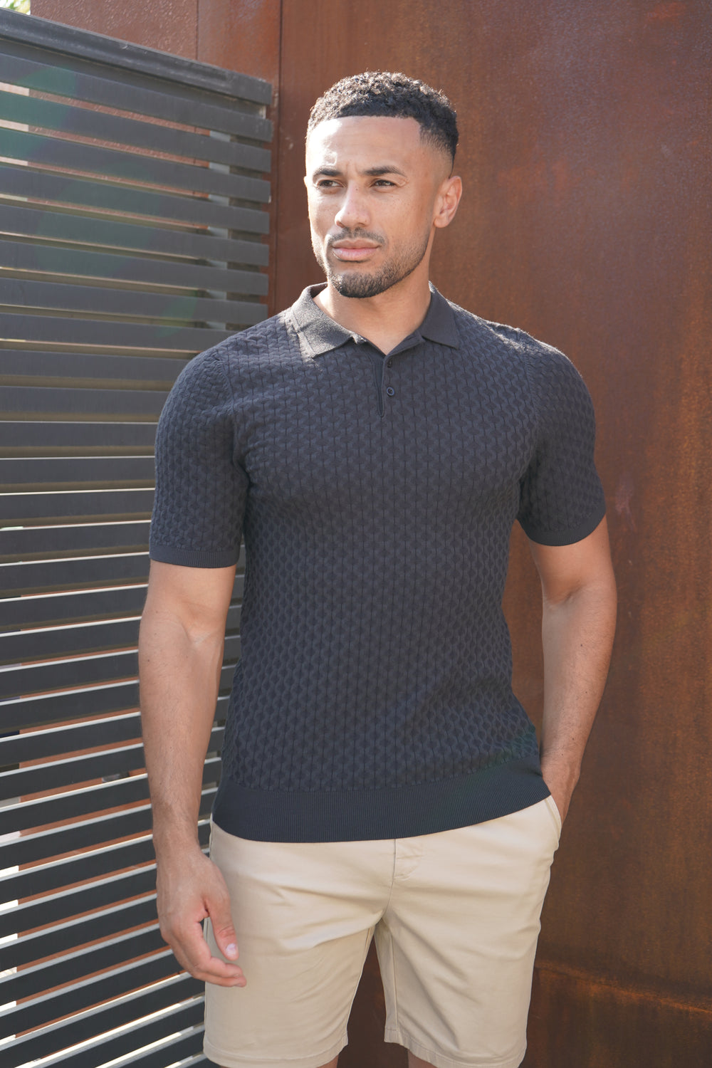 Capo Hexagonal Button Up Polo Shirt - Black