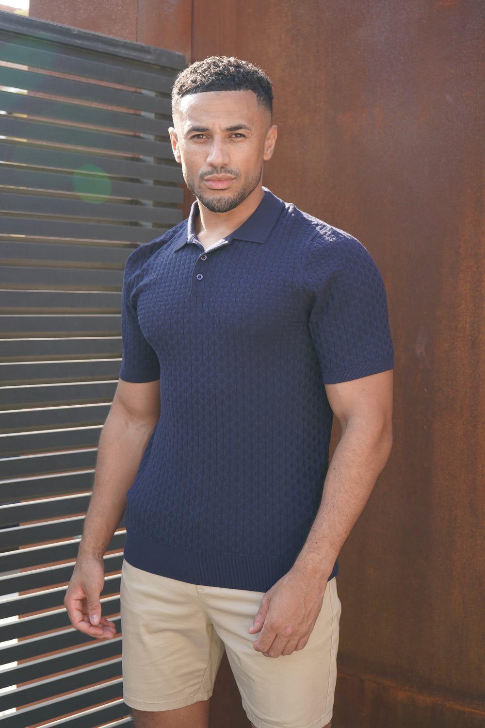 Capo Hexagonal Button Up Polo Shirt - Navy