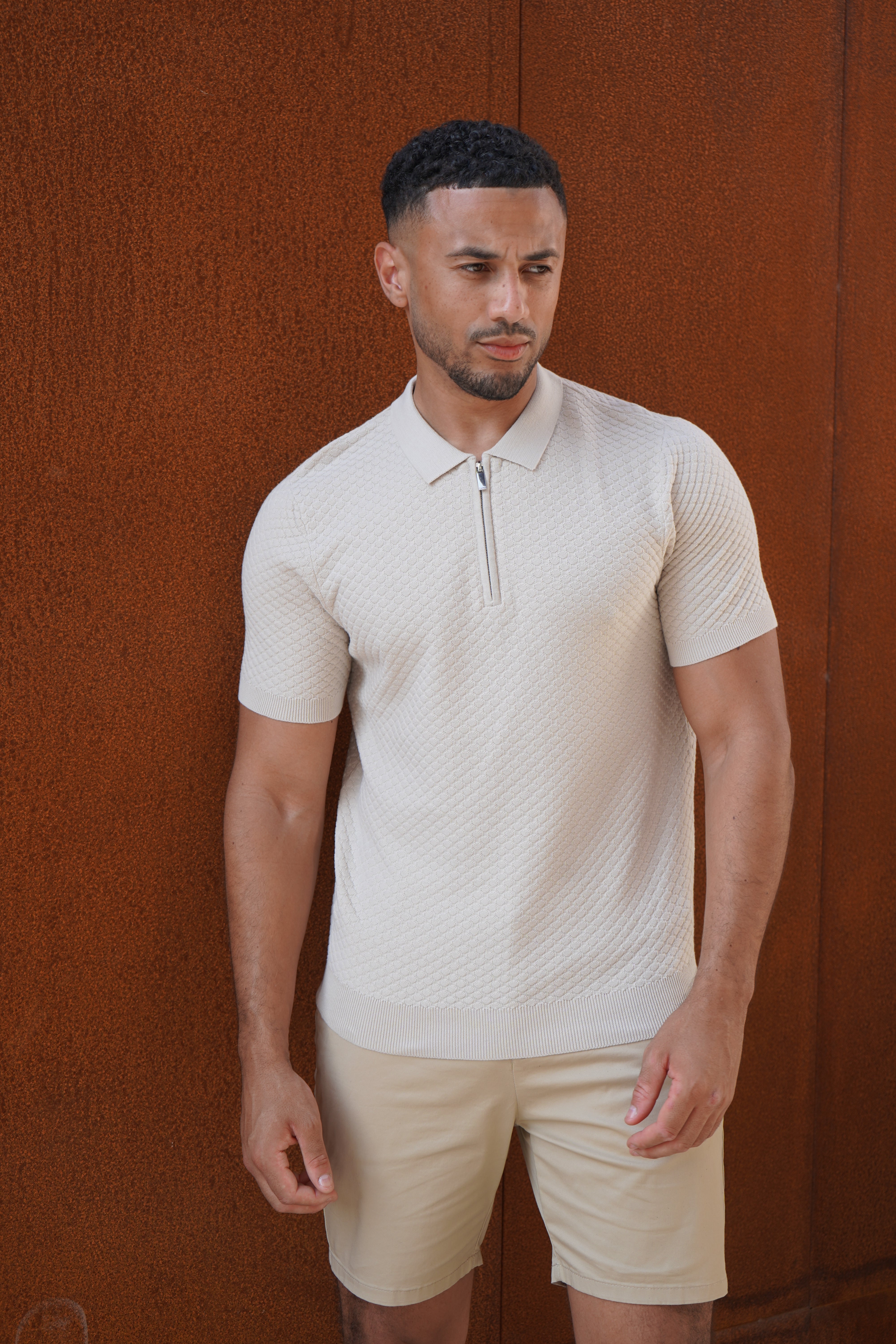Capo Jacquard Zip Up Polo Shirt - Stone