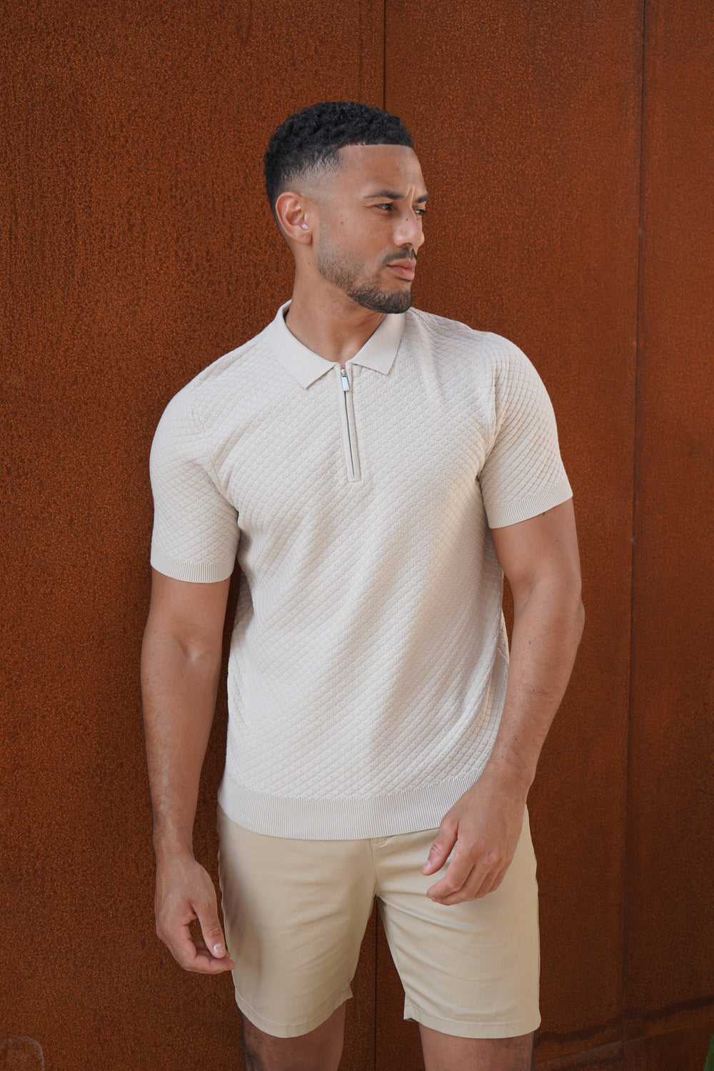 Capo Jacquard Zip Up Polo Shirt - Stone