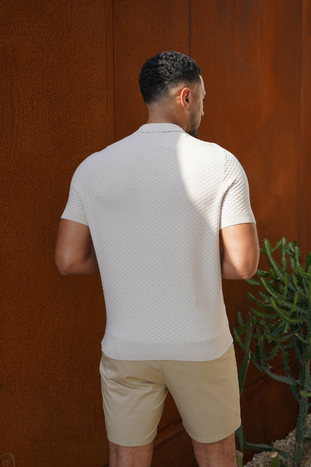 Capo Jacquard Zip Up Polo Shirt - Stone
