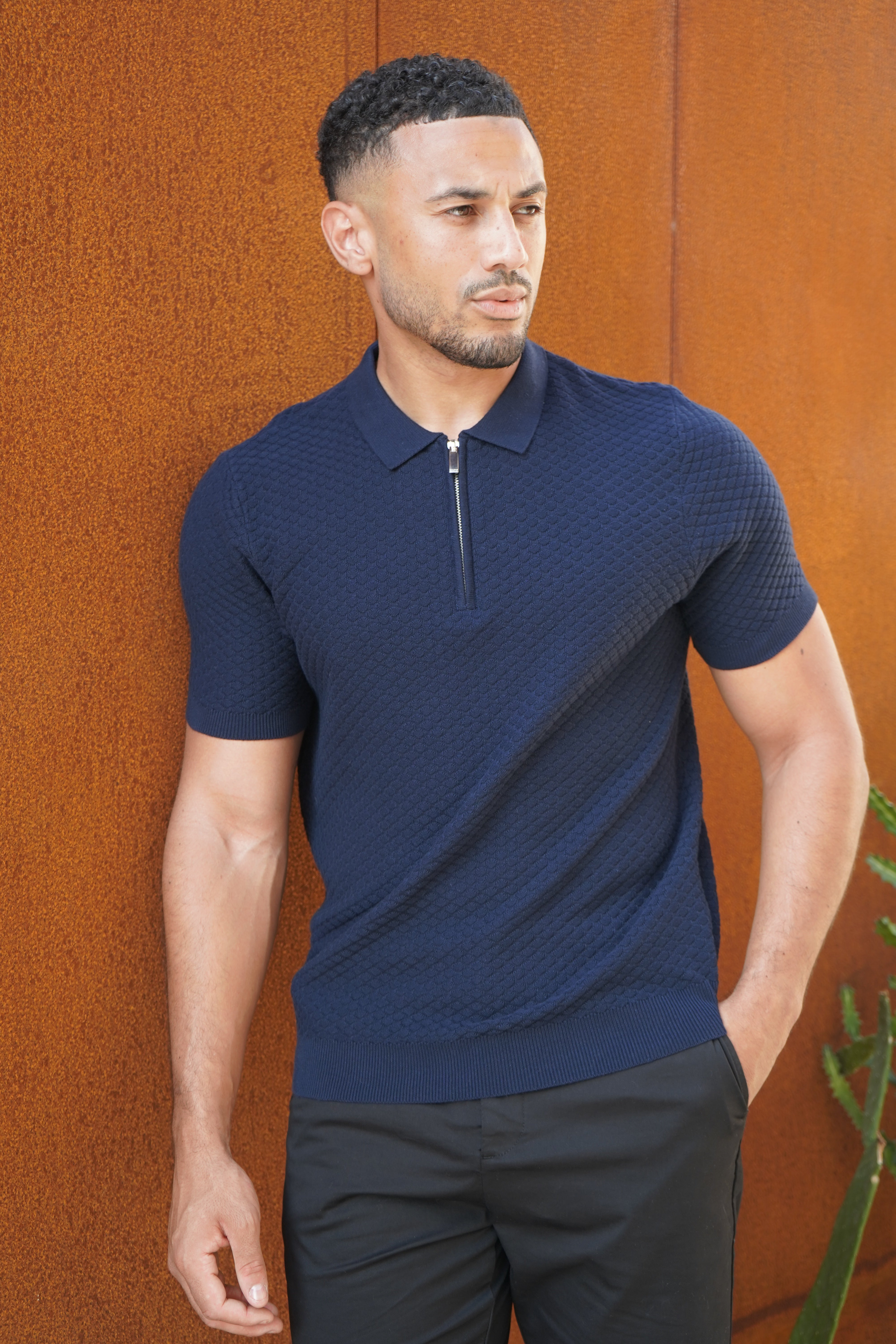 Capo Jacquard Zip Up Polo Shirt - Navy