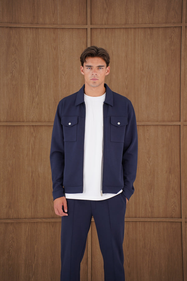 Capo Nick Zip Up Interlock Overshirt - Navy