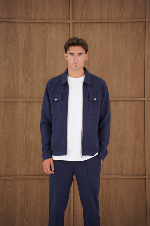 Capo Nick Zip Up Interlock Overshirt - Navy