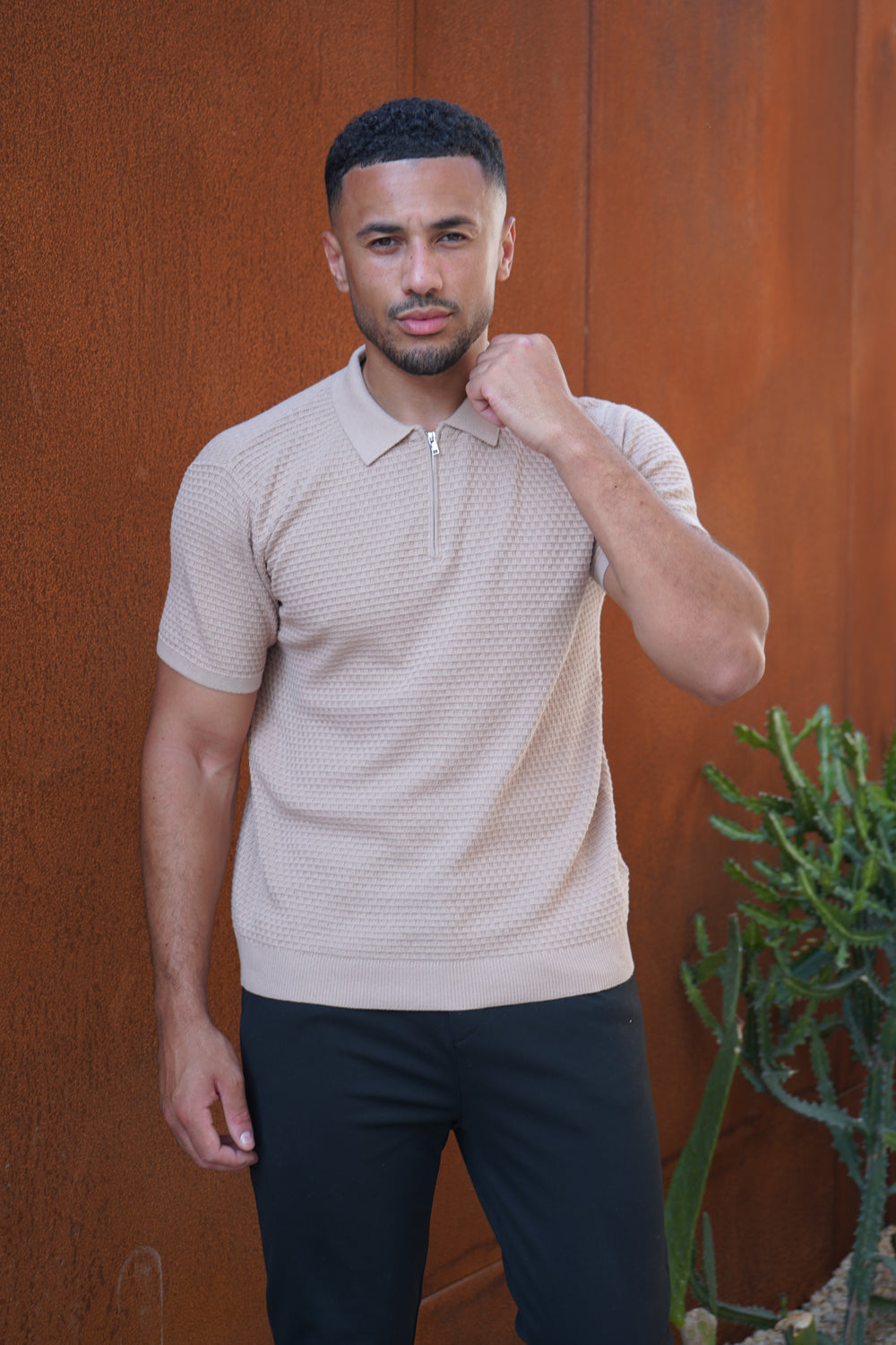 Capo Micro Square Poloshirt mit Reißverschluss - Taupe