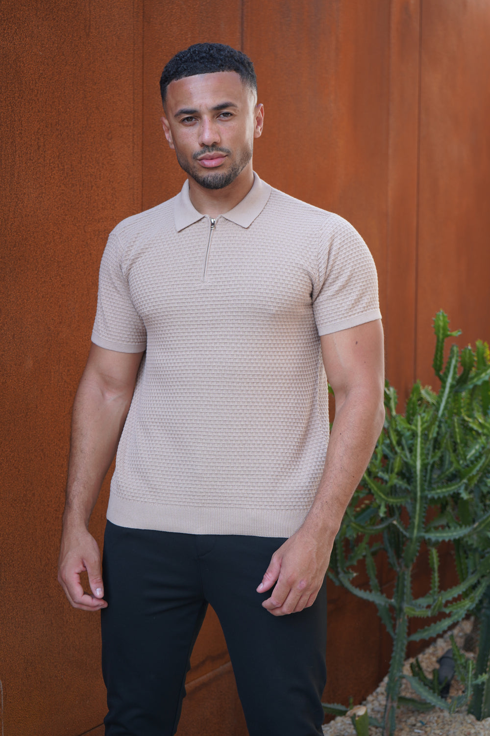 Capo Micro Square Poloshirt mit Reißverschluss - Taupe