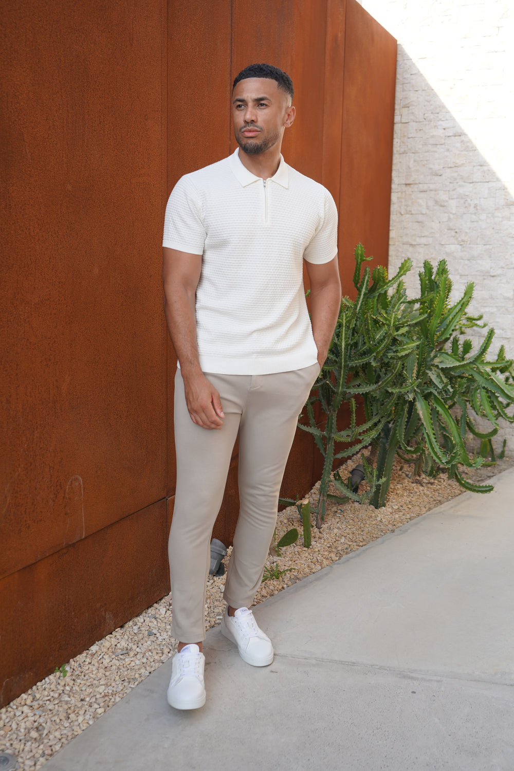 Capo Micro Square Poloshirt mit Reißverschluss - Off White