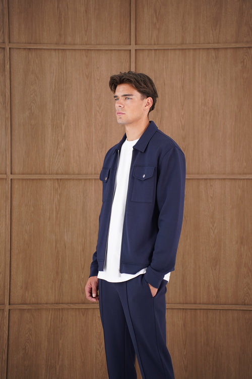Capo Nick Zip Up Interlock Overshirt - Navy