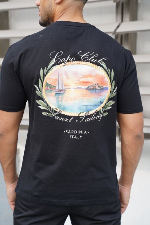 Capo Sunset Sailing Printed T-Shirt - Black