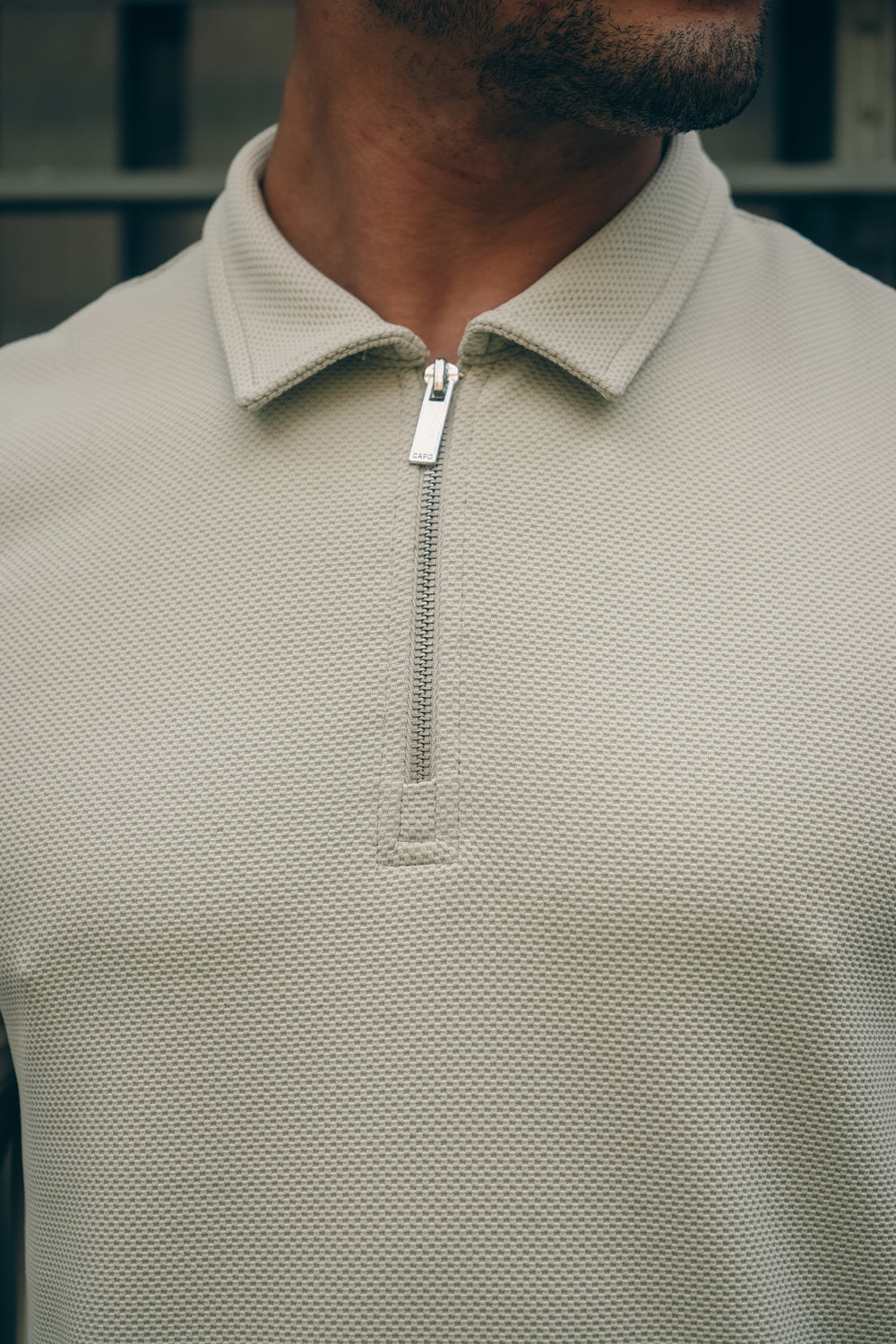 Capo Textured Tape Zip Polo Shirt - Light Beige