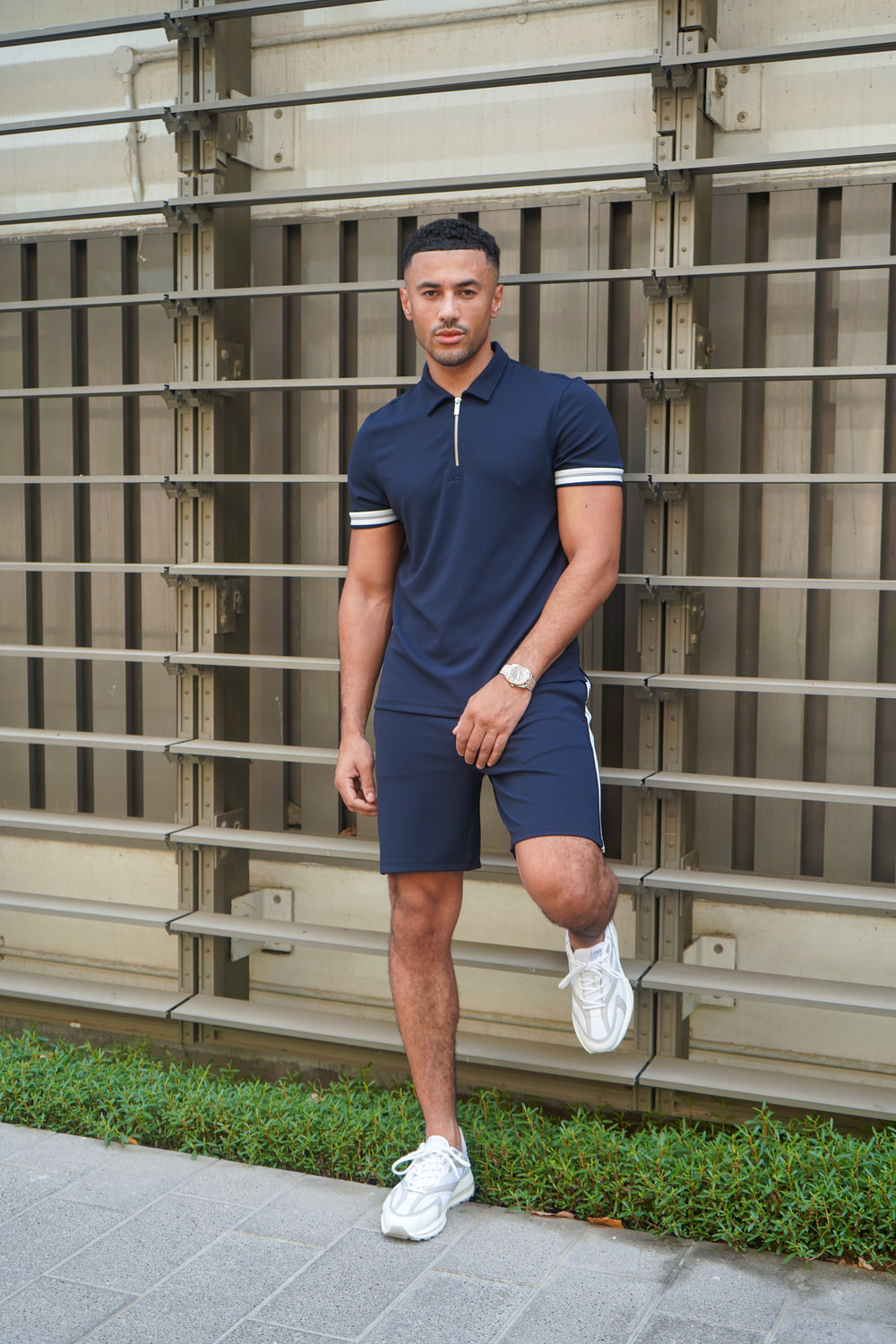 Capo Textured Tape Zip Polo Shirt - Navy