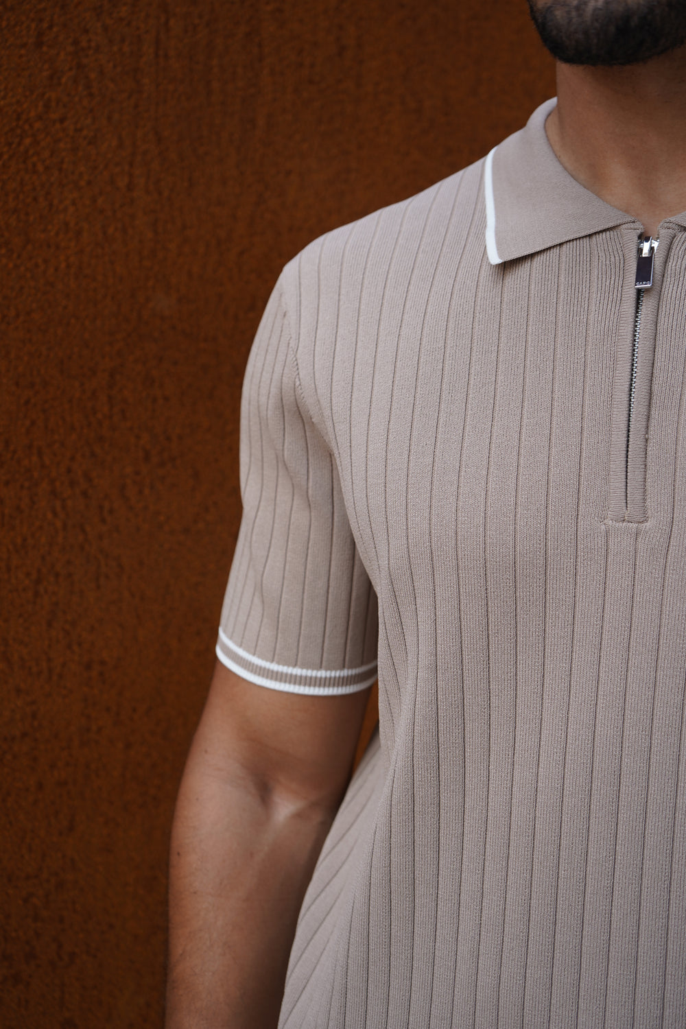 Capo Knitted Contrast Zip Up Polo Shirt - Stone