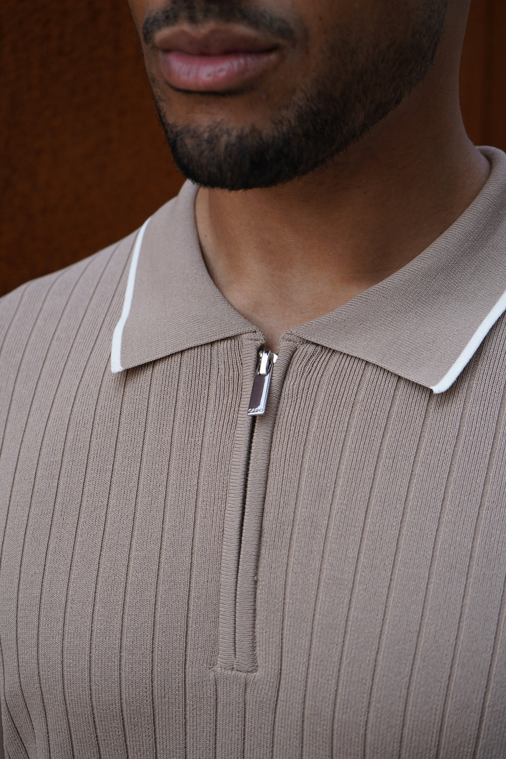 Capo Knitted Contrast Zip Up Polo Shirt - Stone