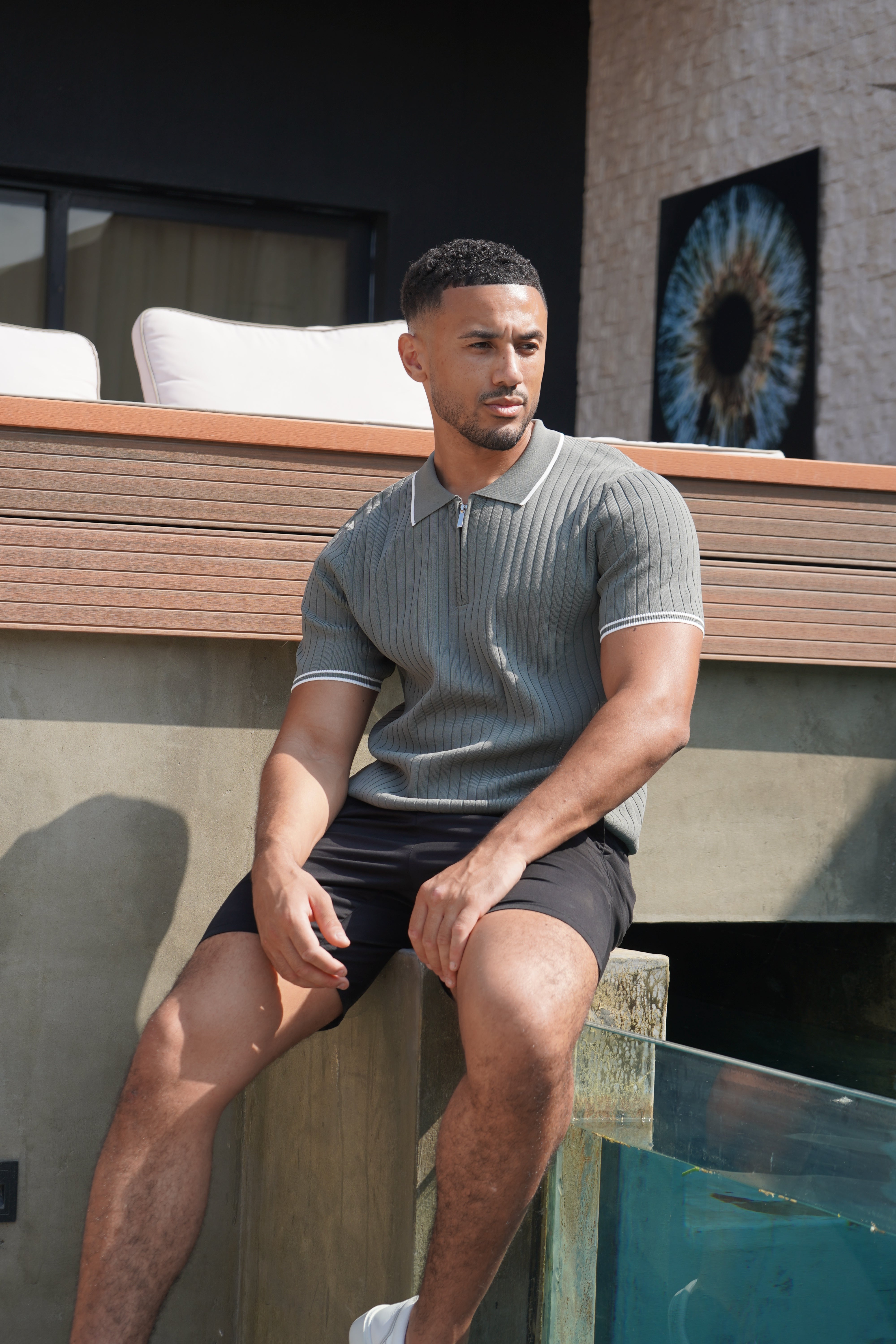 Capo Knitted Contrast Zip Up Polo Shirt - Olive
