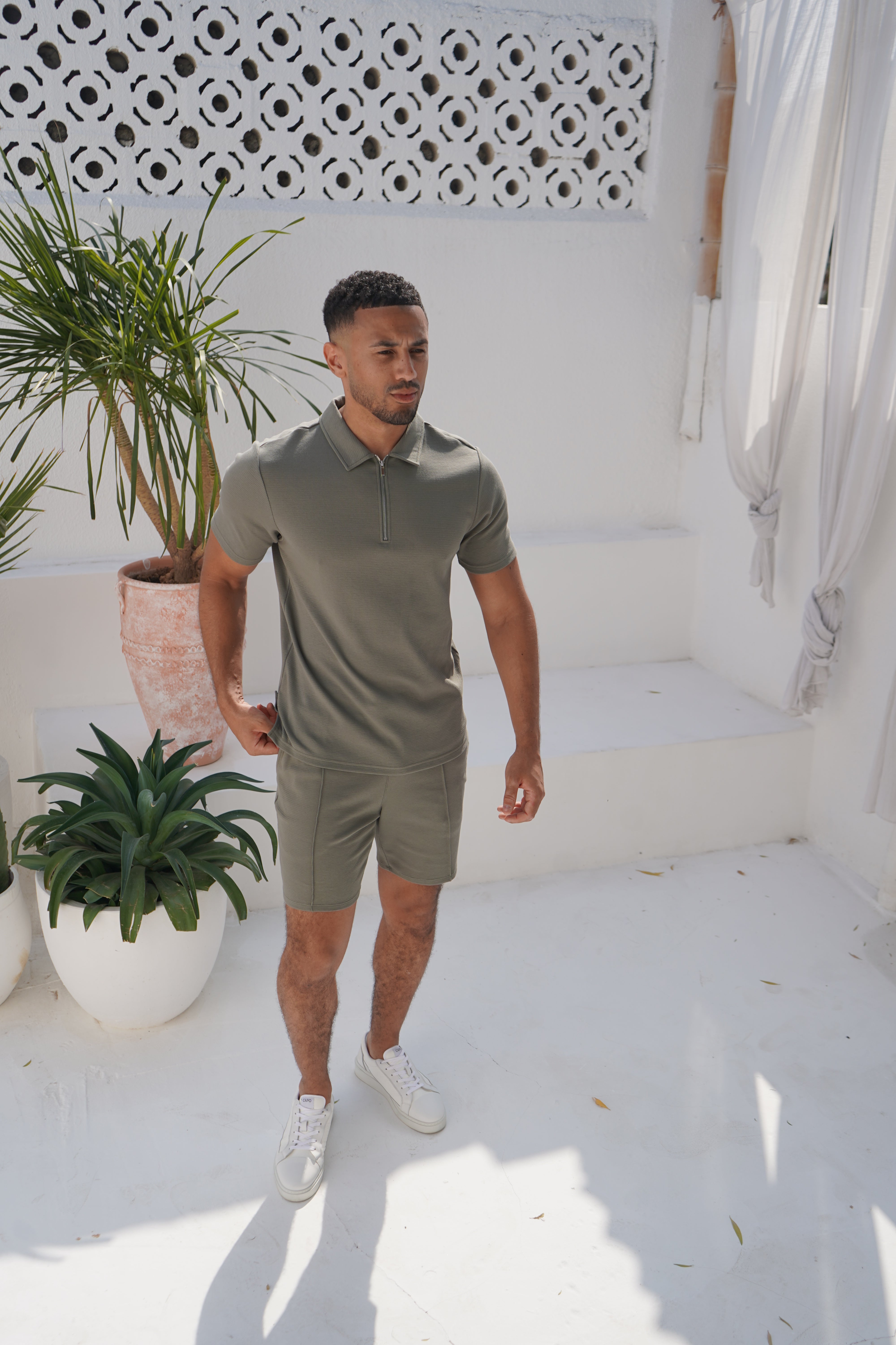 Capo Textured Zip Up Polo Shirt - Light Olive