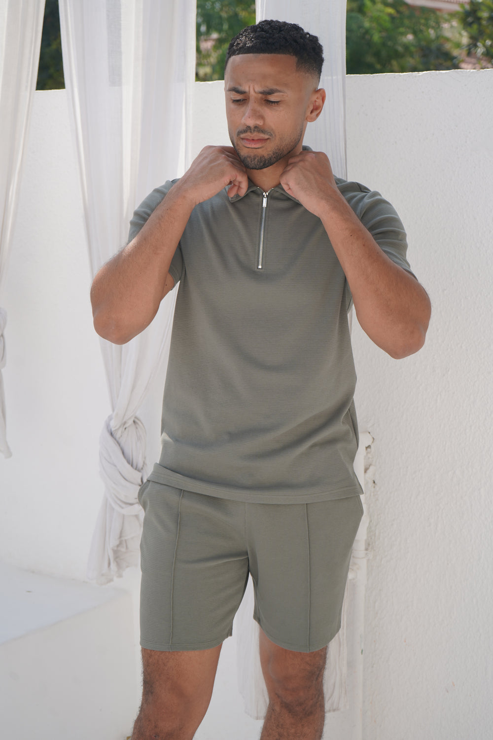 Capo Textured Zip Up Polo Shirt - Light Olive