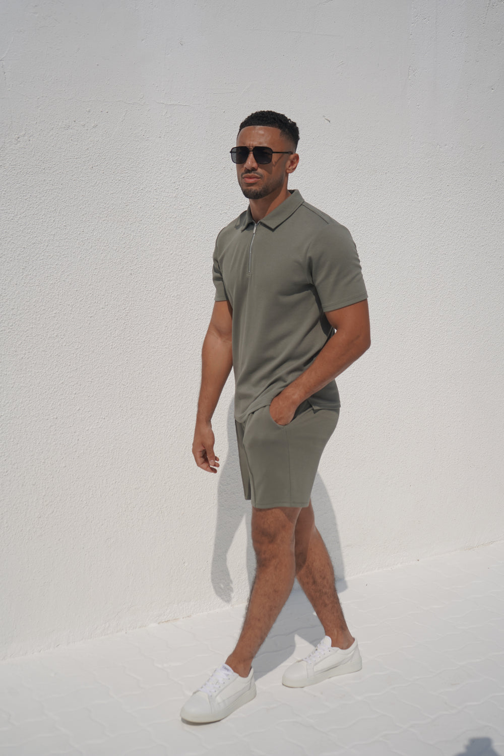 Capo Textured Zip Up Polo Shirt - Light Olive