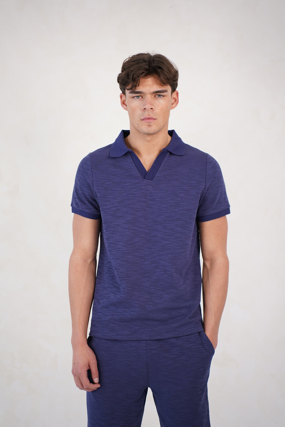 Capo Jersey Slub Cuban Polo Shirt - Navy
