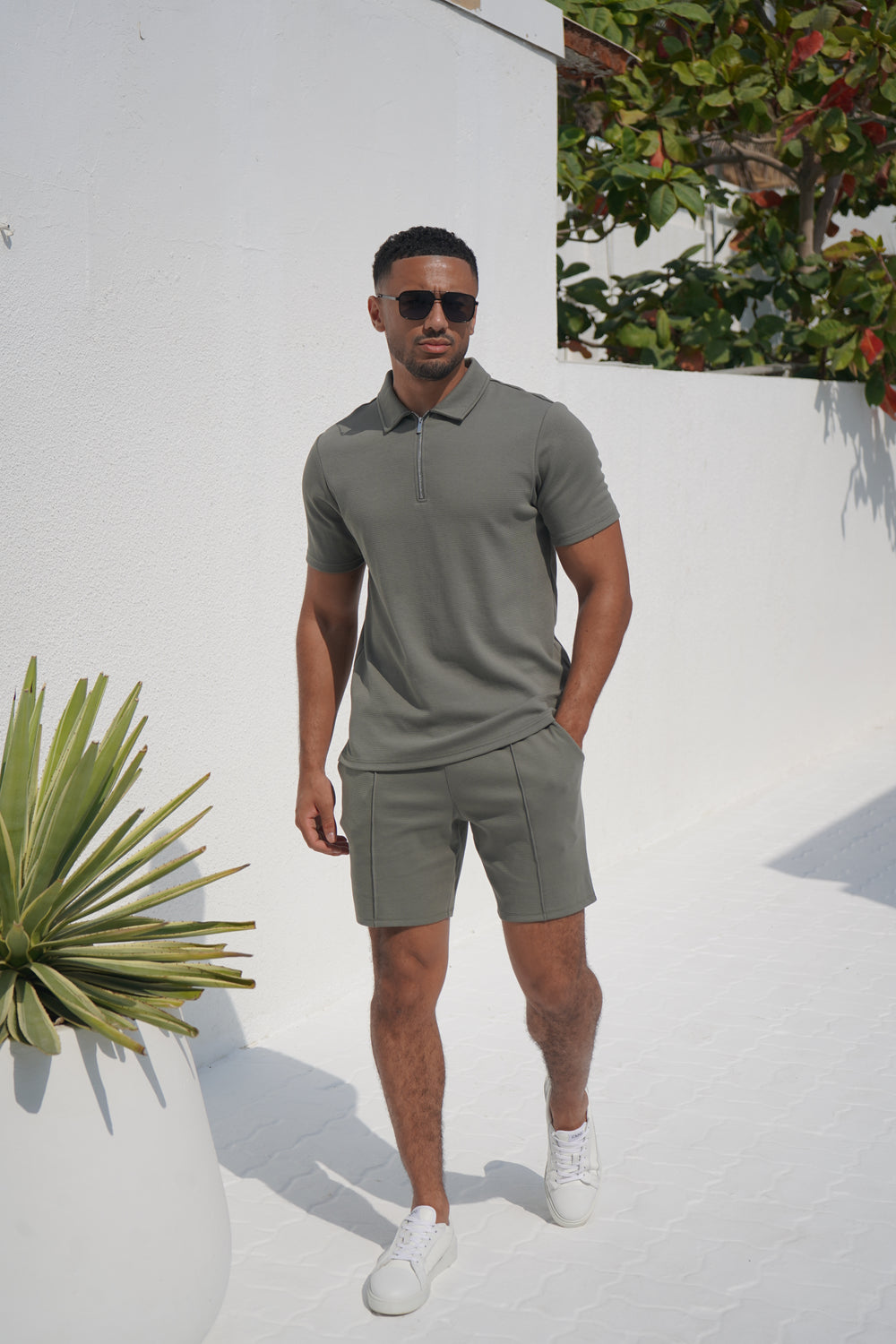 Capo Textured Zip Up Polo Shirt - Light Olive