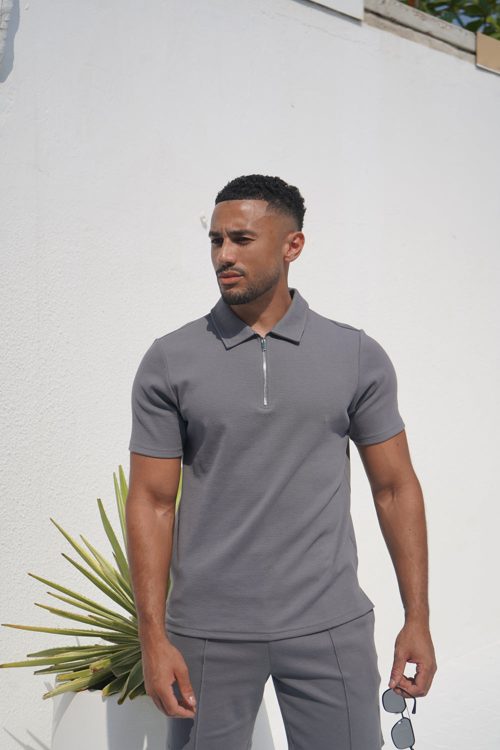 Capo Textured Zip Up Polo Shirt - Grey
