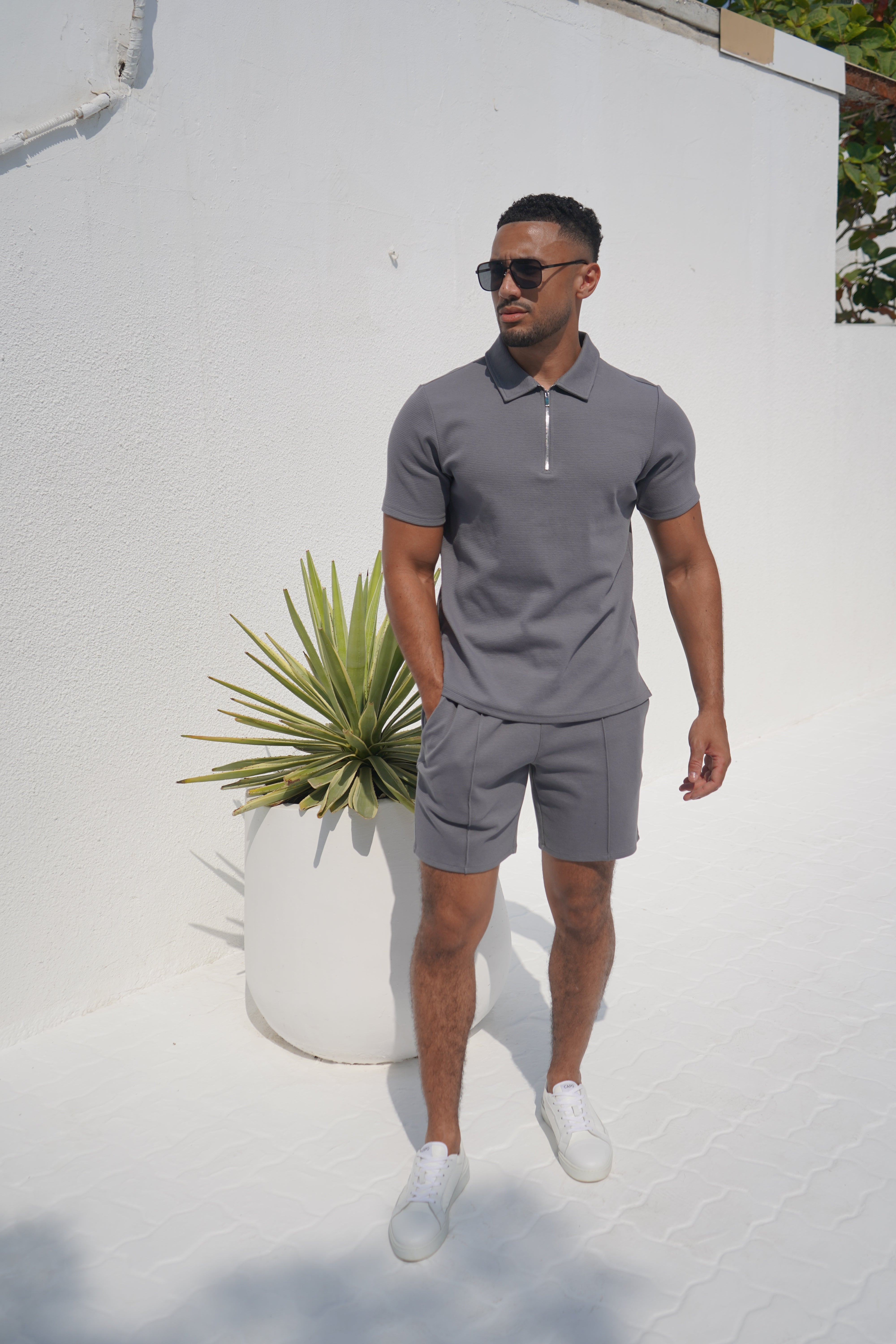 Capo Textured Zip Up Polo Shirt - Grey