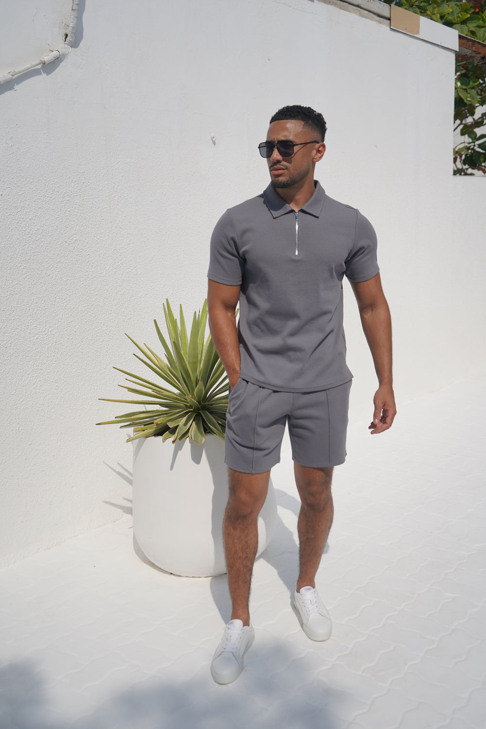 Capo Textured Zip Up Polo Shirt - Grey