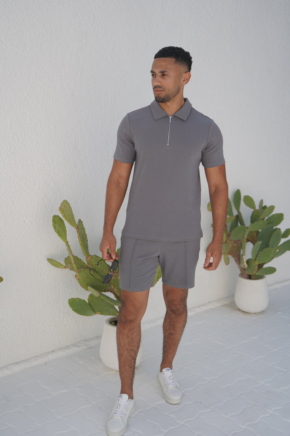 Capo Textured Zip Up Polo Shirt - Grey