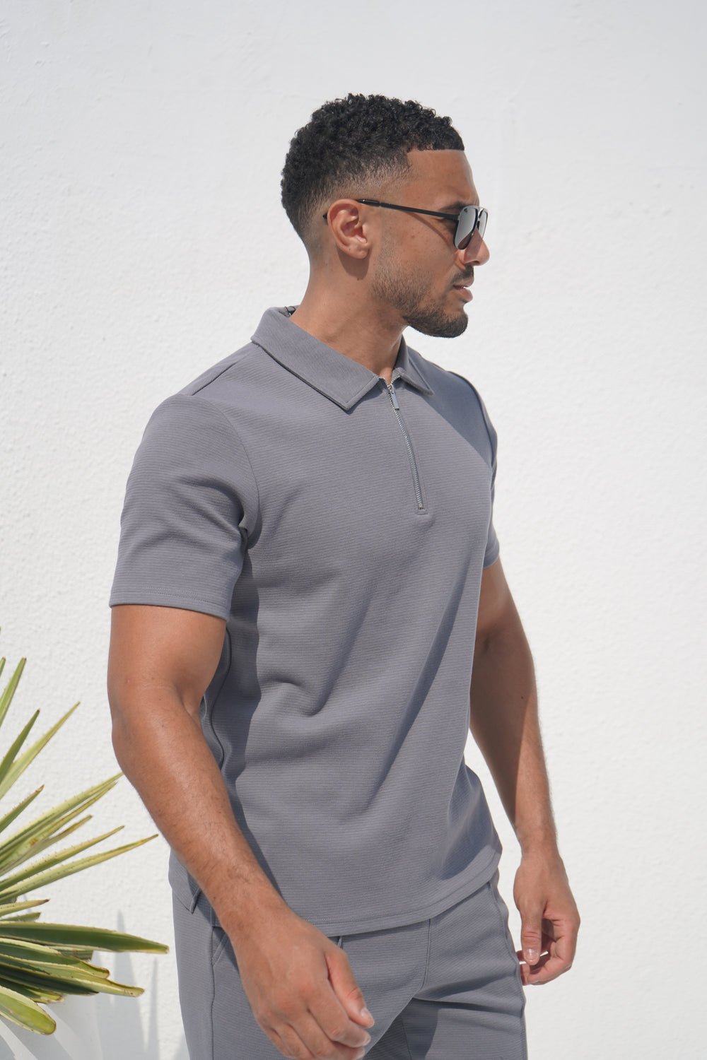 Capo Textured Zip Up Polo Shirt - Grey
