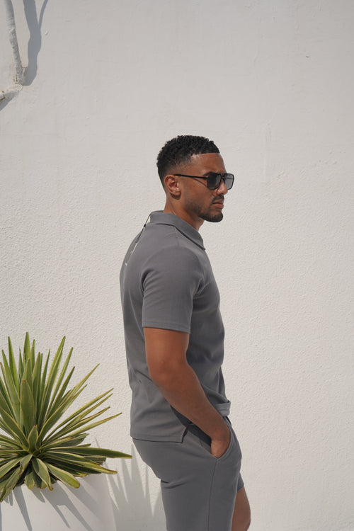 Capo Textured Zip Up Polo Shirt - Grey