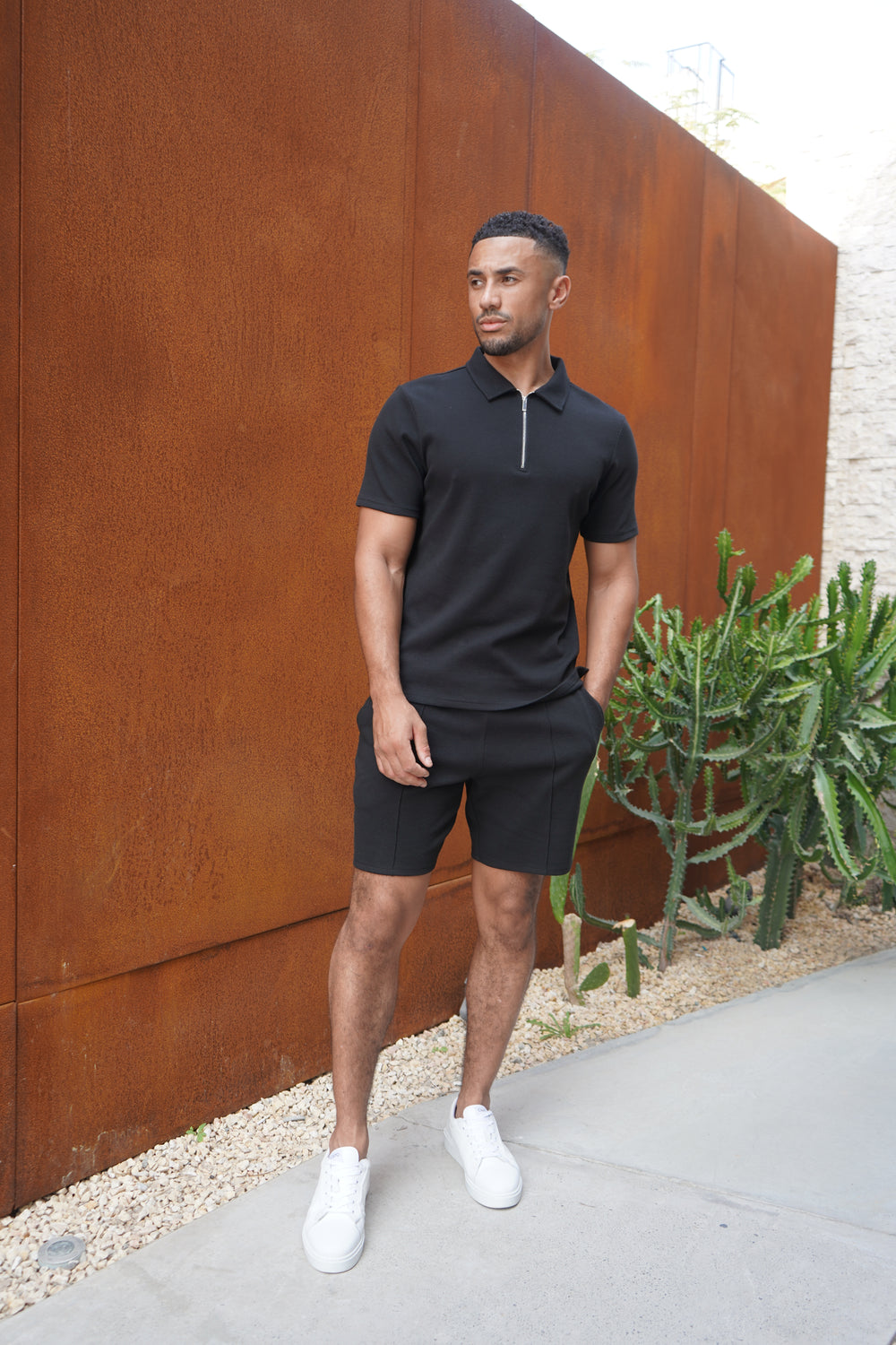 Capo Textured Zip Up Polo Shirt - Black