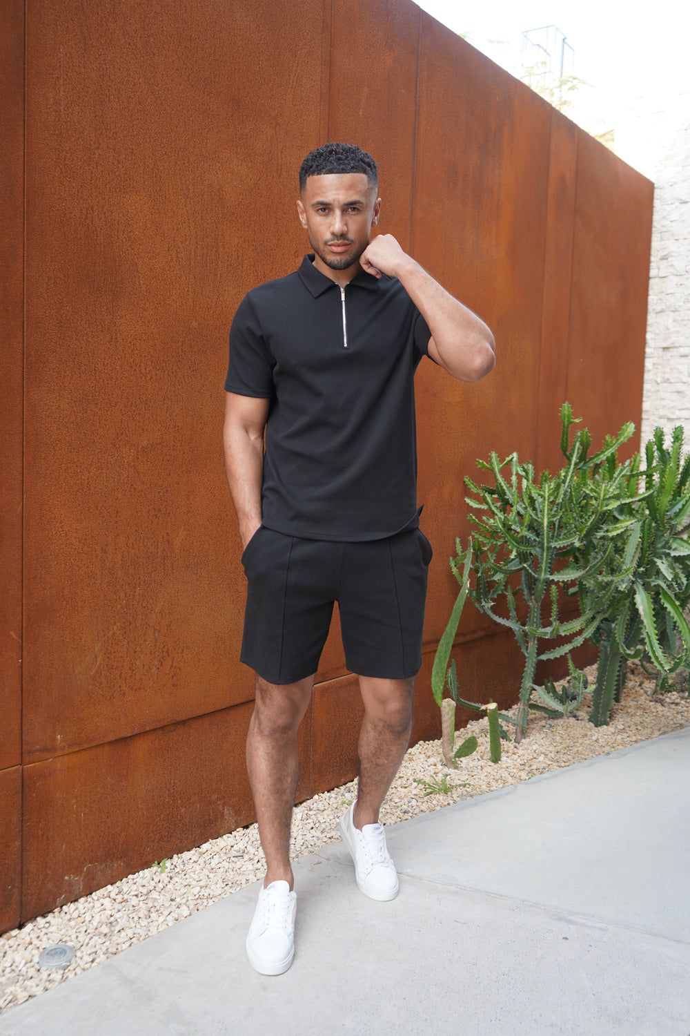 Capo Textured Zip Up Polo Shirt - Black