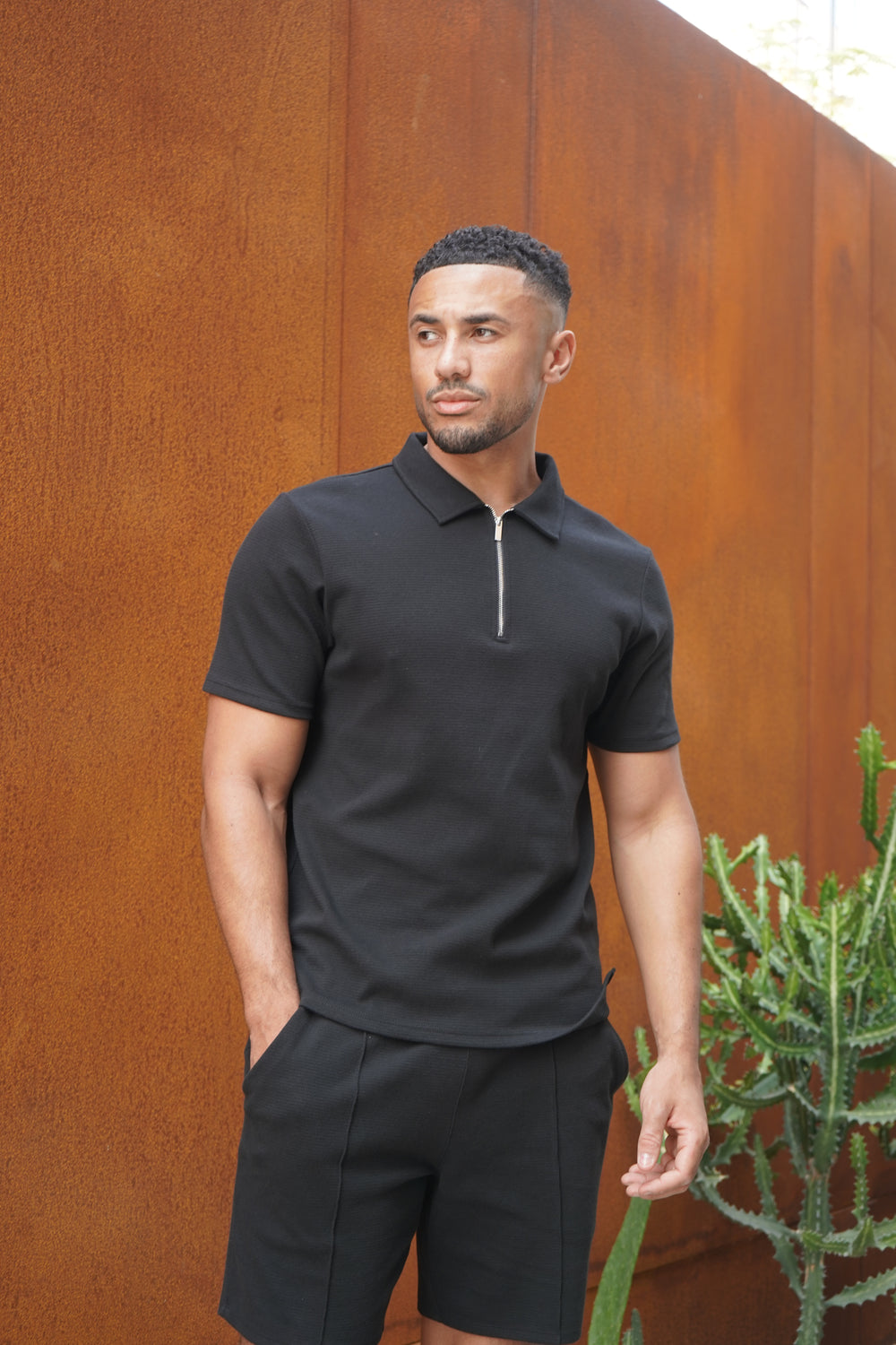 Capo Textured Zip Up Polo Shirt - Black