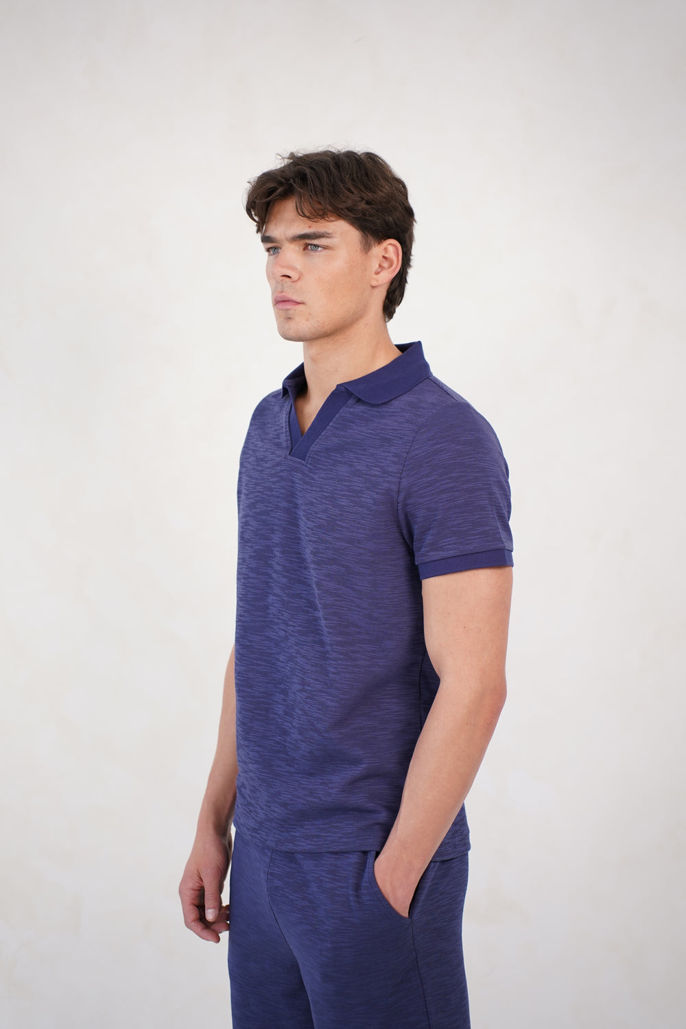 Capo Jersey Slub Cuban Polo Shirt - Navy