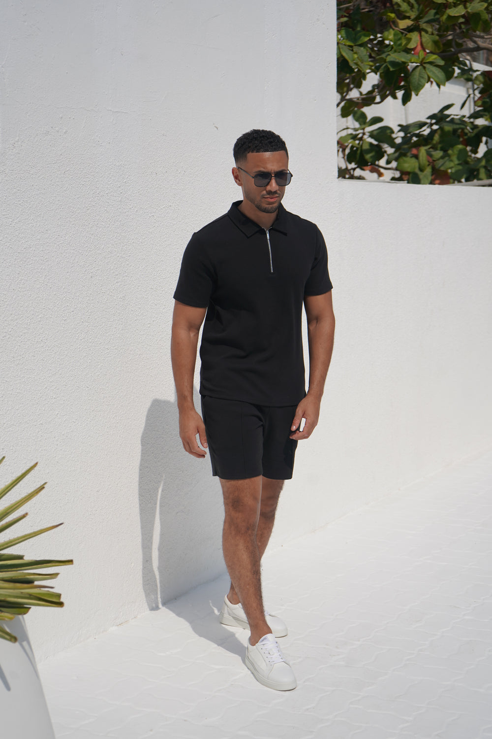 Capo Textured Zip Up Polo Shirt - Black