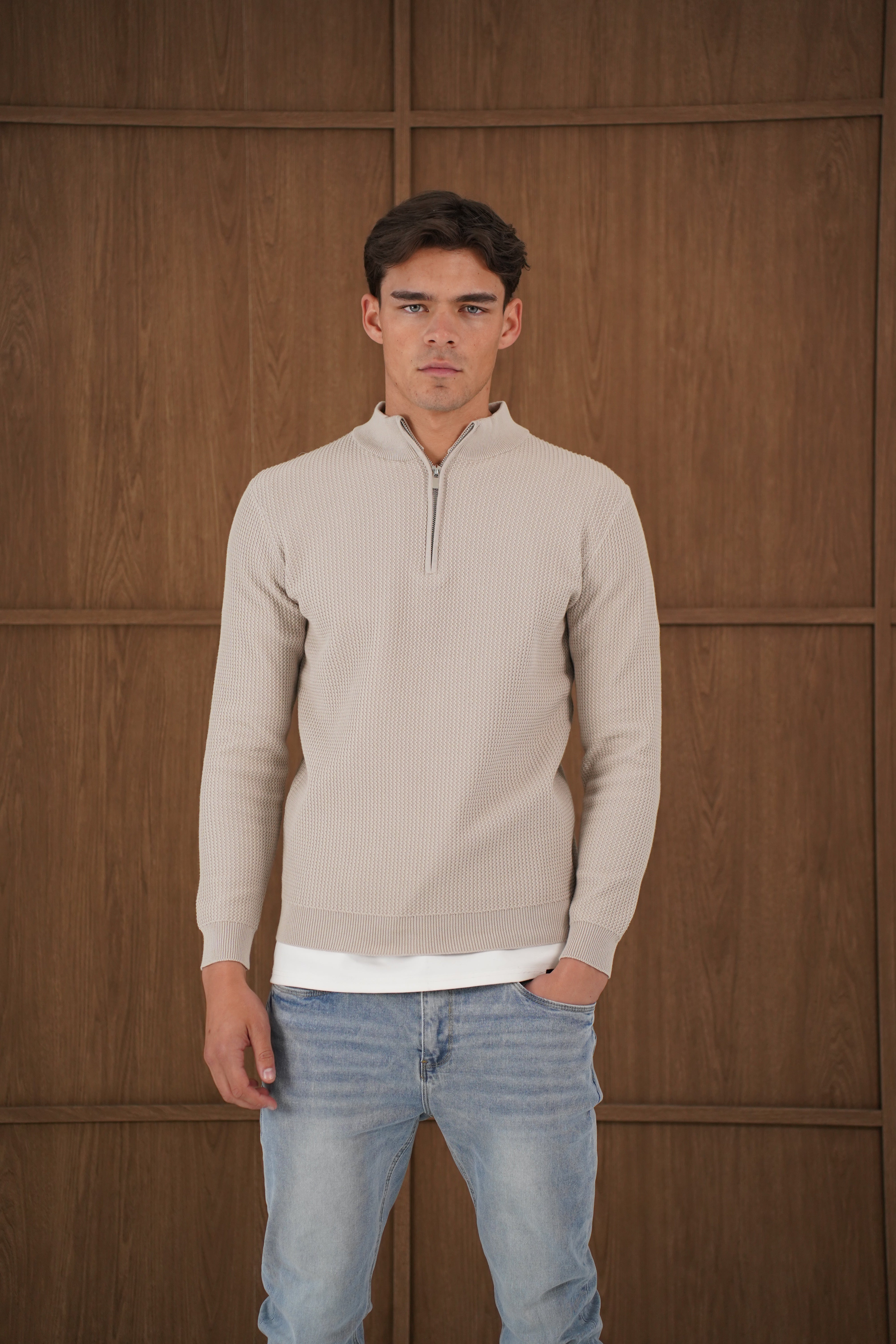 Capo TWIST Cotton 1/4 Zip Jumper - Stone