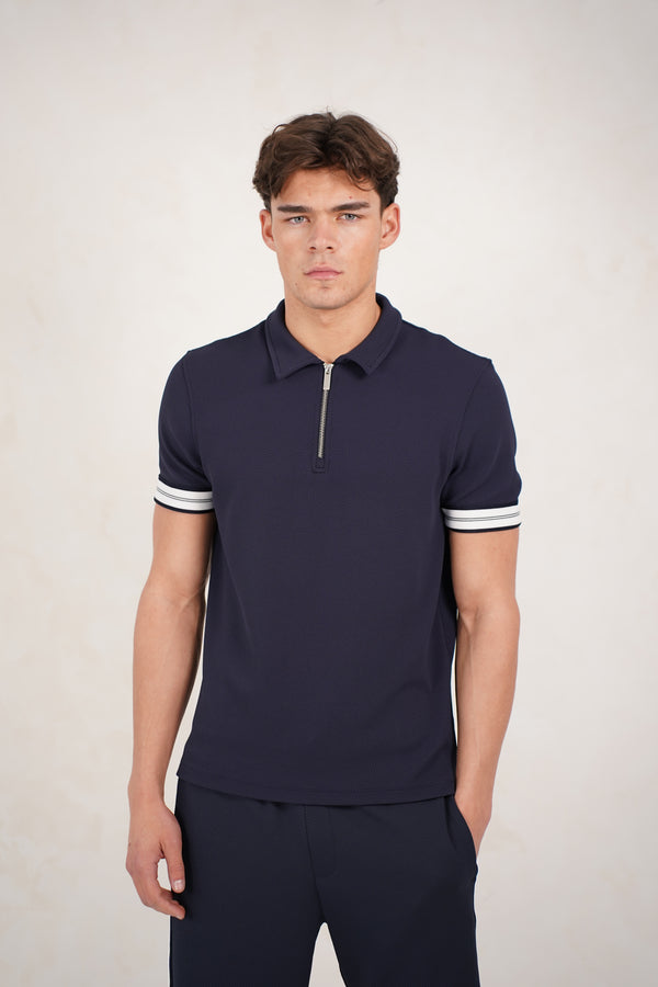 Capo Textured Tape Zip Polo Shirt - Navy