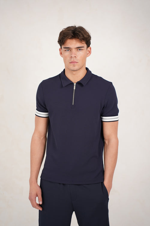 Capo Textured Tape Zip Polo Shirt - Navy