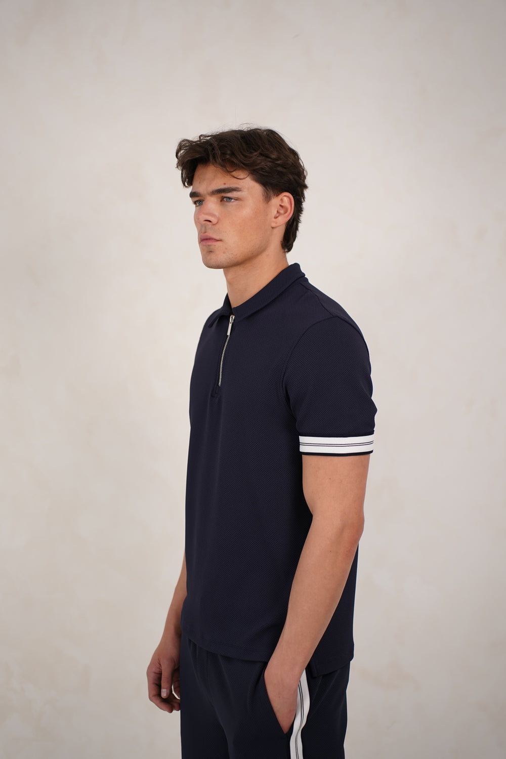 Capo Textured Tape Zip Polo Shirt - Navy