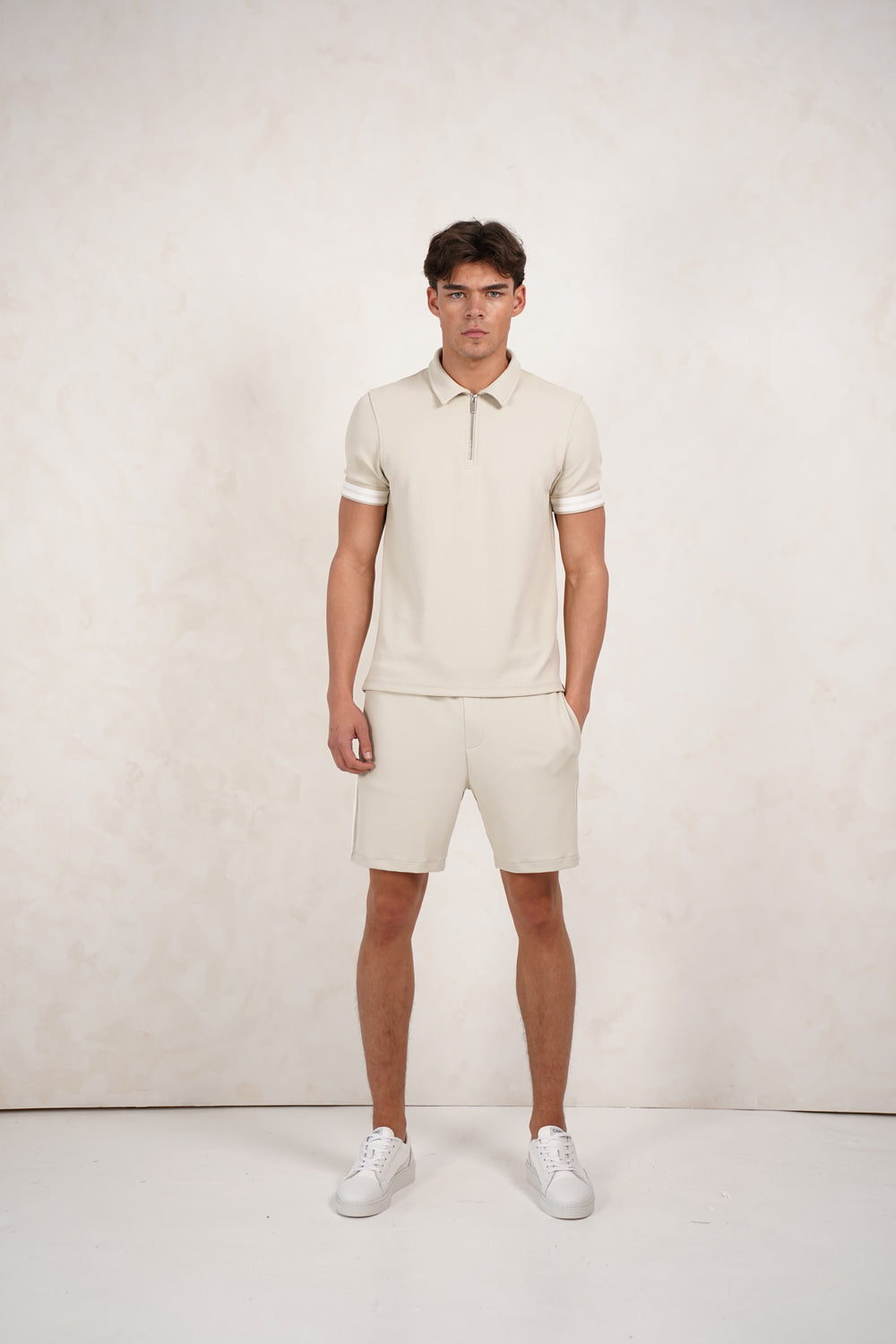Capo Textured Tape Zip Polo Shirt - Light Beige